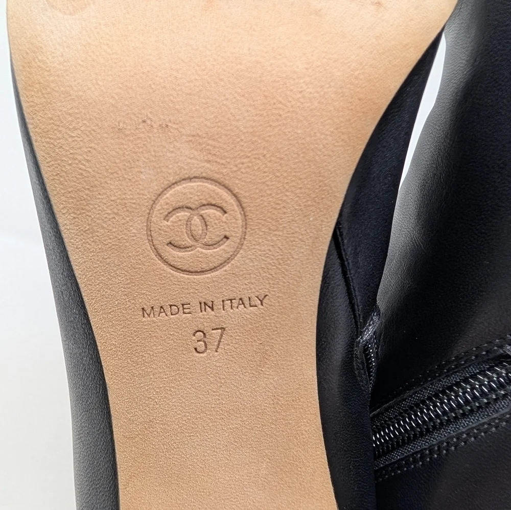 Chanel Cap Toe Pearl Stiletto Heel Black Ankle Boots Celebrity CC Logo Size 37